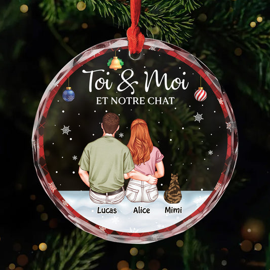 5786OFR1 ornement noel en verre personnalise couple toi et moi et nos chats 5786okt0d
