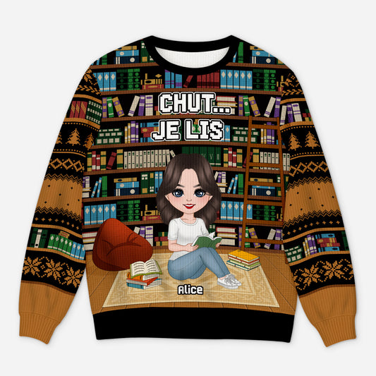 5788WFR1 pull moche de noel personnalise pour les amoureux des livres chut je lis 5788w3qma