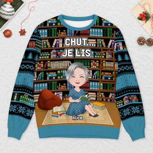 5788WFR2 pull moche de noel personnalise pour les amoureux des livres chut je lis 5788w3qma