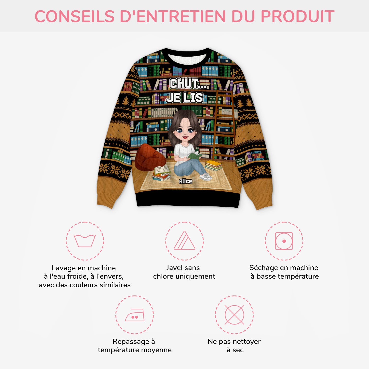 5788WFR4 pull moche de noel personnalise pour les amoureux des livres chut je lis 5788w3qma