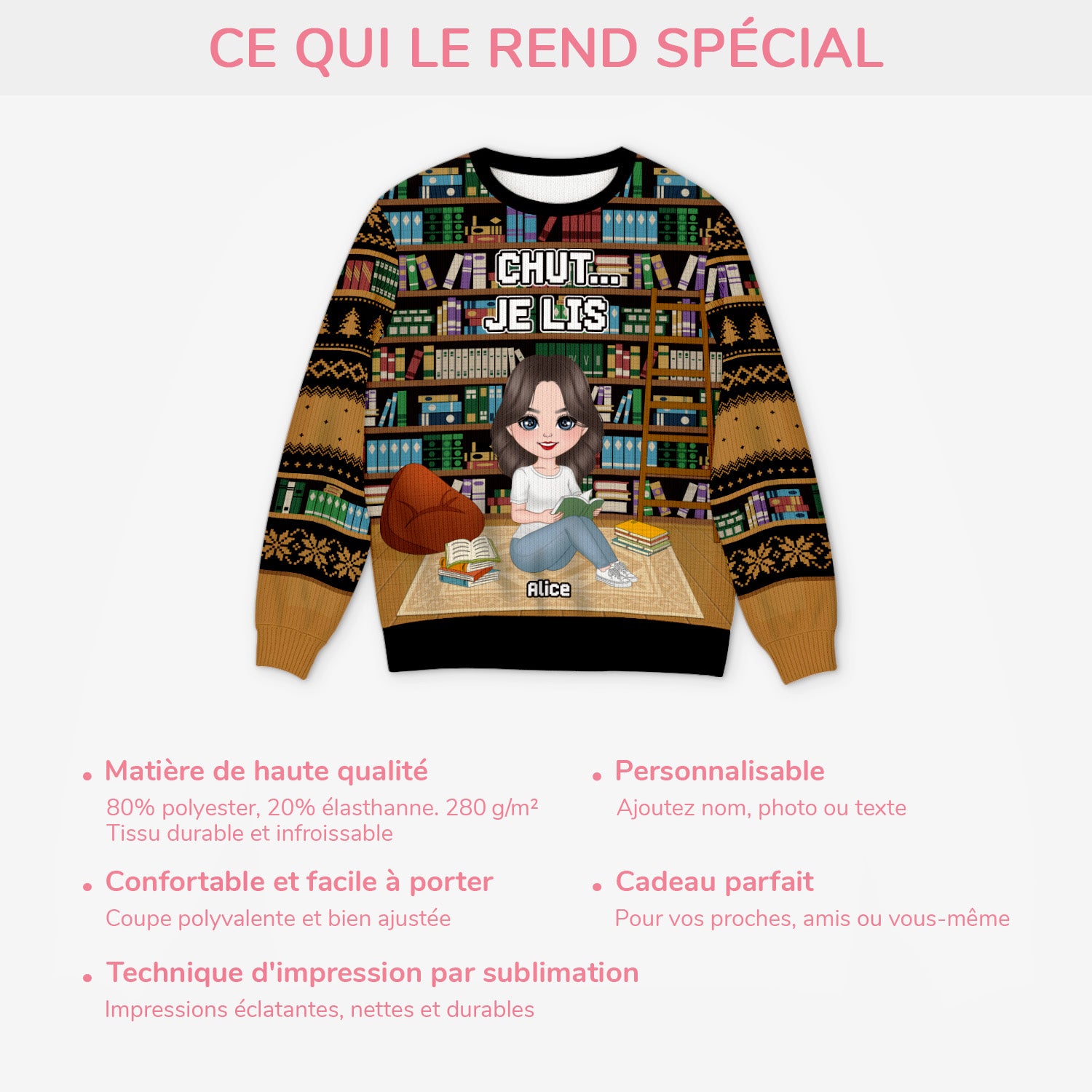5788WFR5 pull moche de noel personnalise pour les amoureux des livres chut je lis 5788w3qma