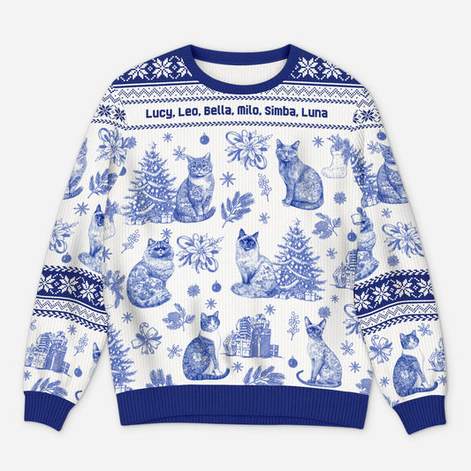 5799WFR1 pull moche de noel personnalise un noel de chat style toile bleue 5799wtmmd