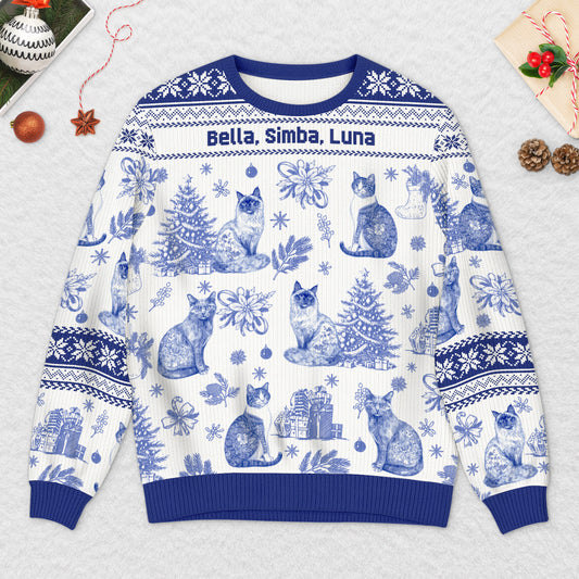 5799WFR2 pull moche de noel personnalise un noel de chat style toile bleue 5799wtmmd