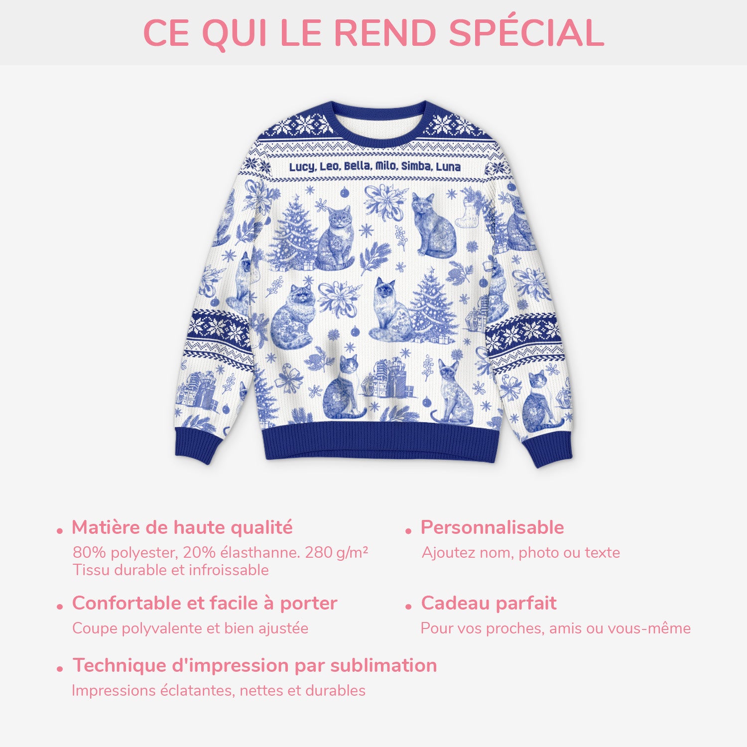 5799WFR5 pull moche de noel personnalise un noel de chat style toile bleue 5799wtmmd