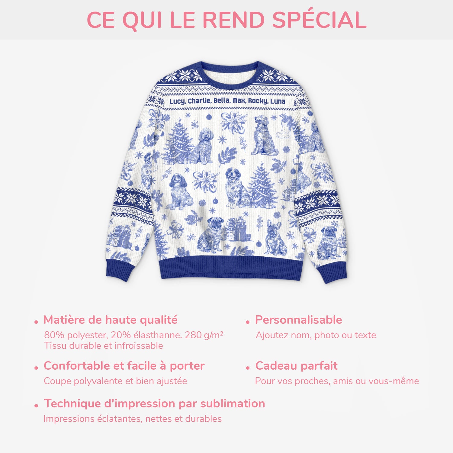 5799WFR5 pull moche de noel personnalise un noel de chien style toile bleue 5799wtmmc