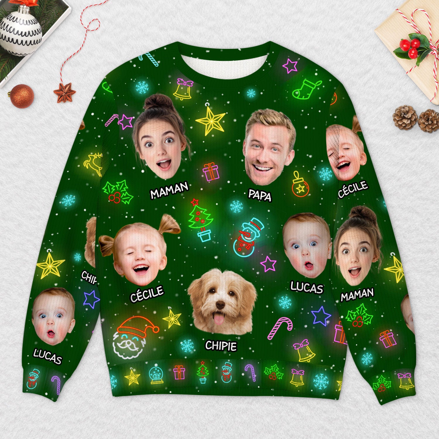 5801WFR2 pull moche de noel personnalise avec photo noel en famille 5801wtuai