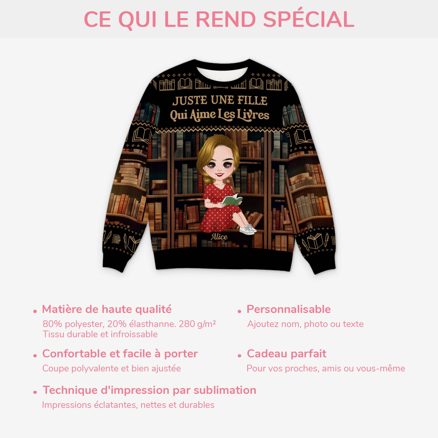 5814WFR5 pull moche de noel personnalise juste une fille qui aime les livres 5814wkmza