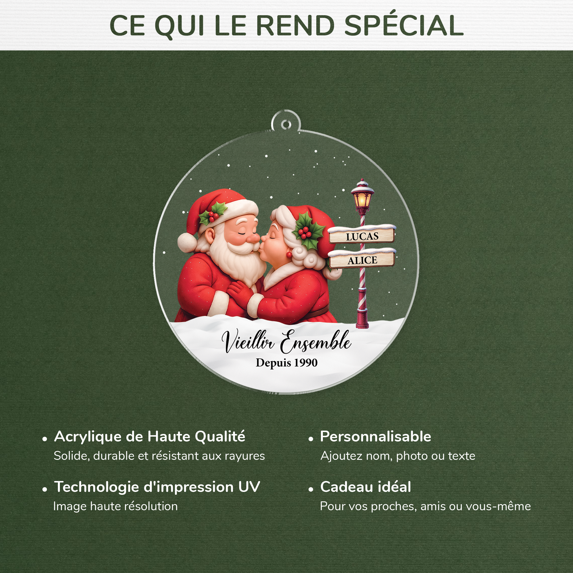 Boule De Noël Personnalisée "Vieillir Ensemble" - Verre Transparent 8 Cm, Impression UV, Ornement De Sapin Pour Couple