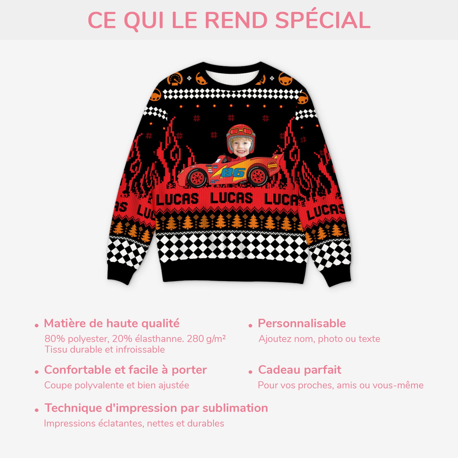 5847WFR5 pull moches de noel enfant avec photo voiture de course 5847wtqmk