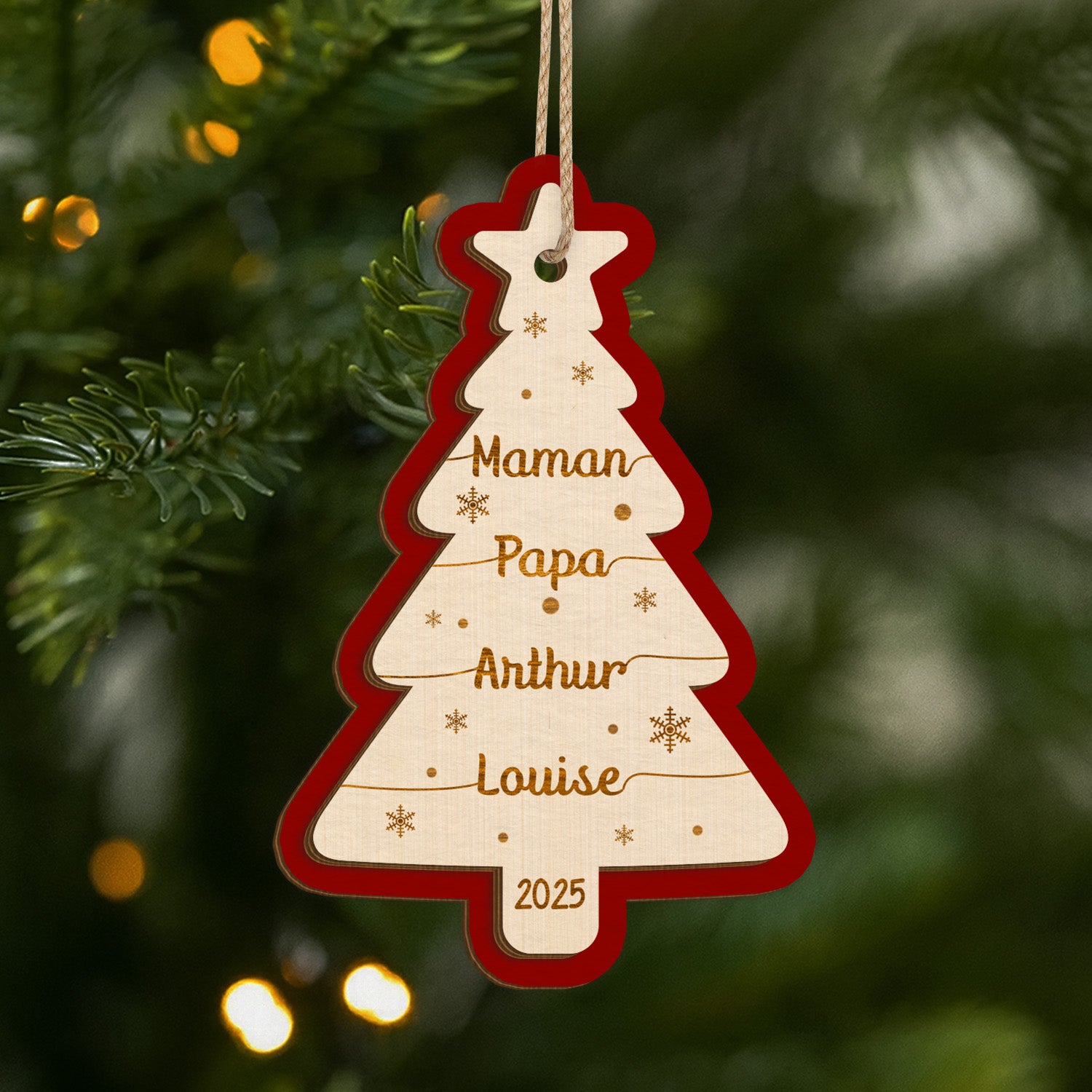 5858OFR1 ornement en bois a 2 couches personnalise famille sapin de noel avec prenom 5858okuti