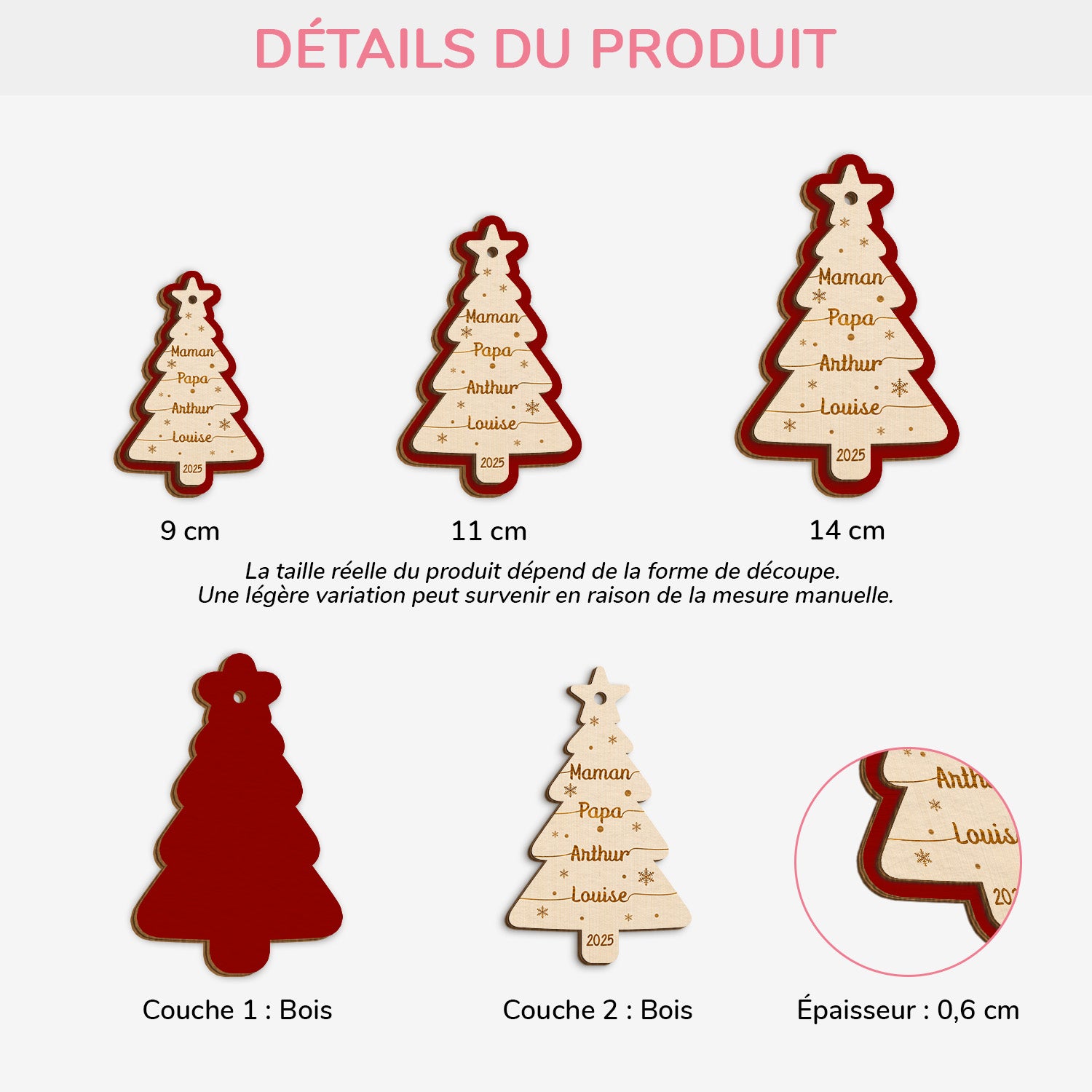5858OFR3 ornement en bois a 2 couches personnalise famille sapin de noel avec prenom 5858okuti