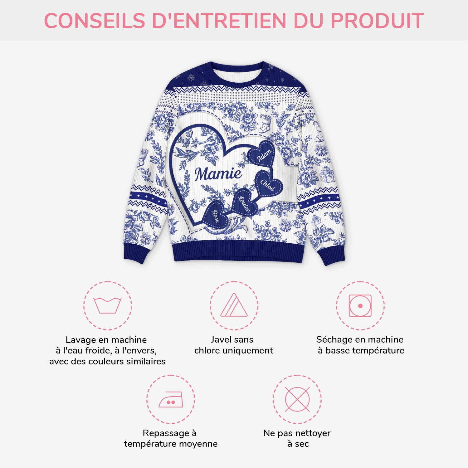 5879WFR4 pull de noel moche personnalise le grand coeur de mamie 5879wkmta