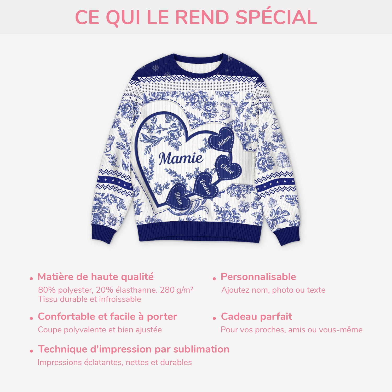 5879WFR5 pull de noel moche personnalise le grand coeur de mamie 5879wkmta