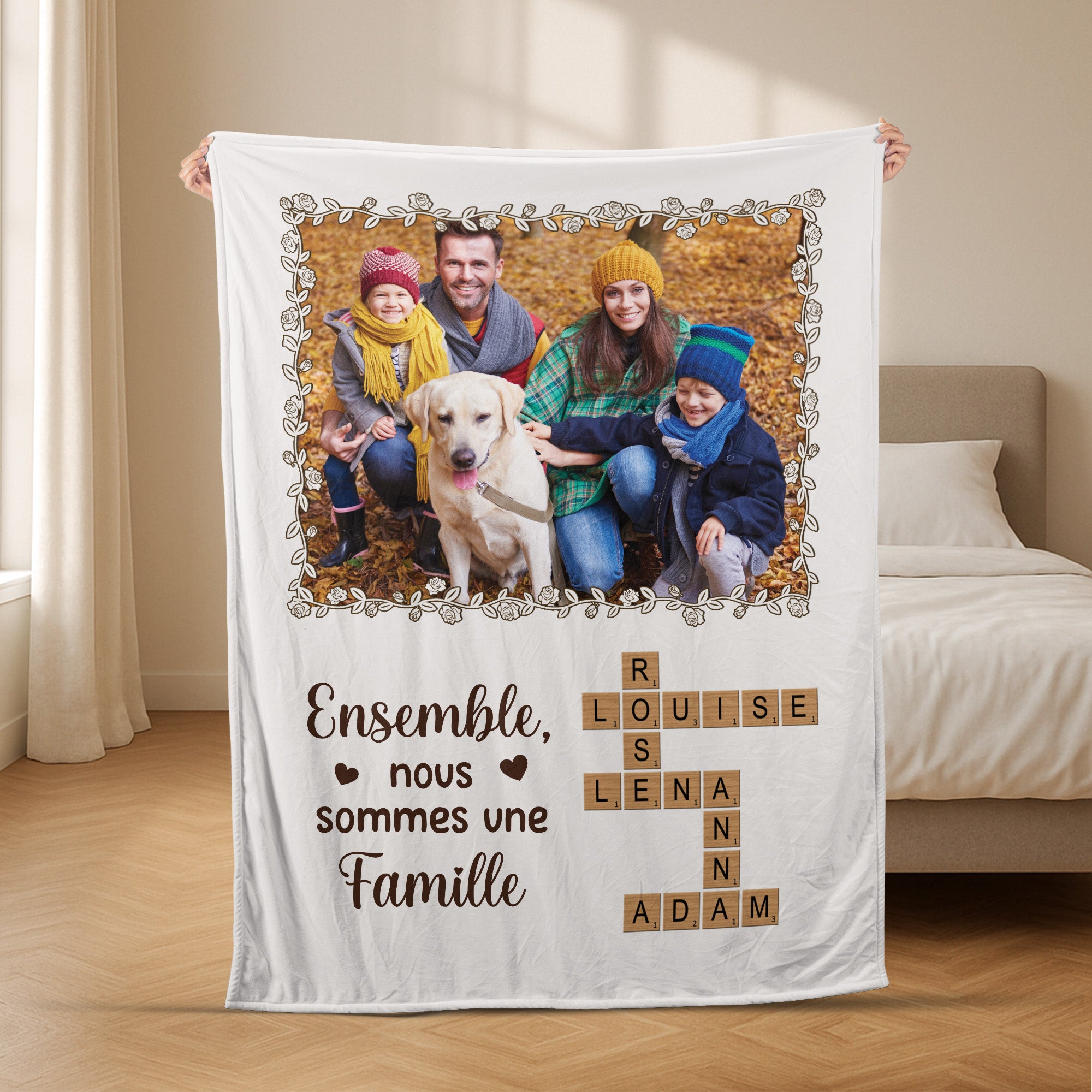 Plaid Personnalisé Photo - Famille Ensemble Avec Mots-Croisés - Cadeau Plus