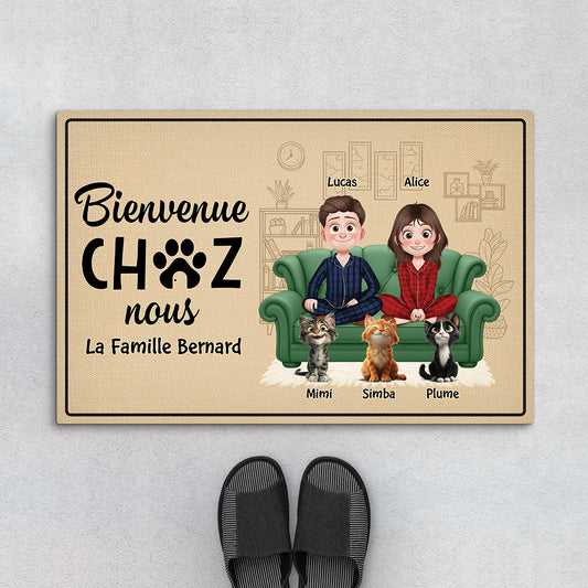 5933DFR1 paillasson personnalise chat avec couple bienvenue chez nous 5933d6hnd