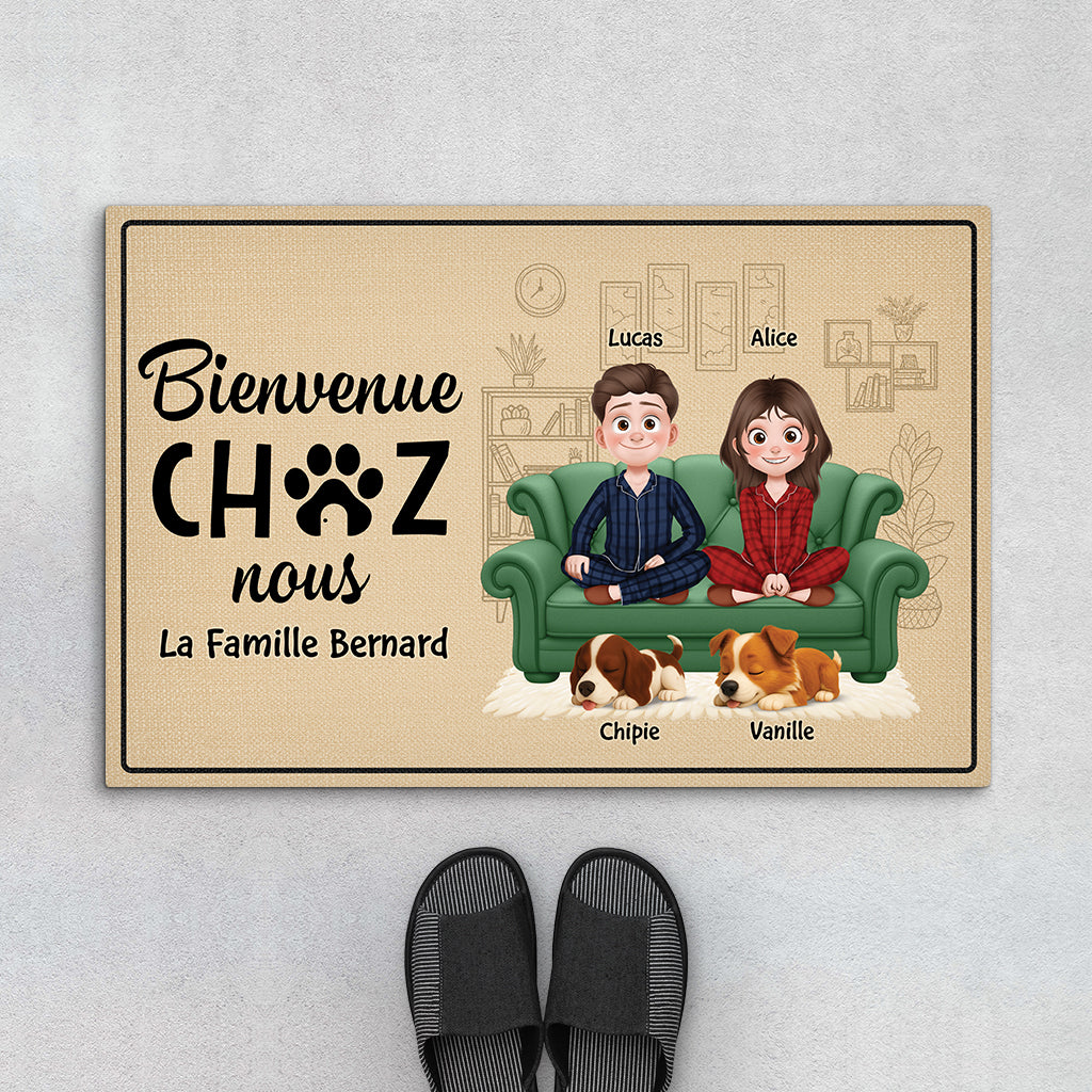 5933DFR1 paillasson personnalise chien avec couple bienvenue chez nous 5933d6hnc