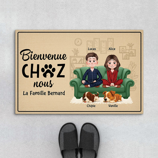 5933DFR1 paillasson personnalise chien avec couple bienvenue chez nous 5933d6hnc