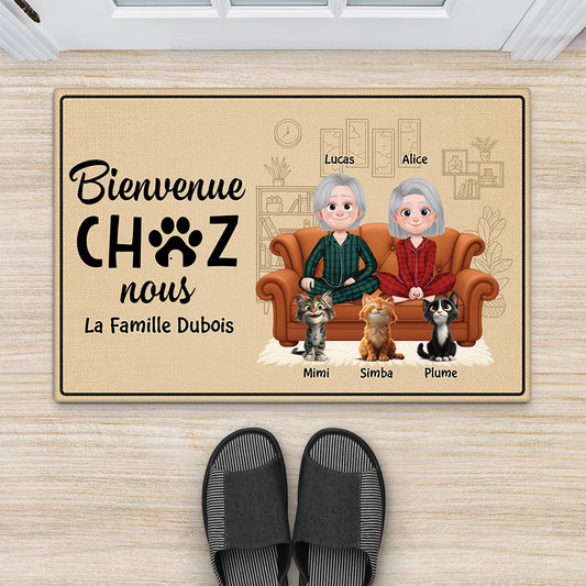 5933DFR2 paillasson personnalise chat avec couple bienvenue chez nous 5933d6hnd