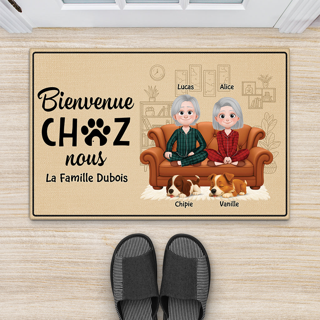 5933DFR2 paillasson personnalise chien avec couple bienvenue chez nous 5933d6hnc