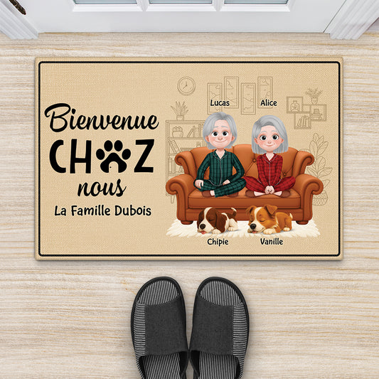 5933DFR2 paillasson personnalise chien avec couple bienvenue chez nous 5933d6hnc