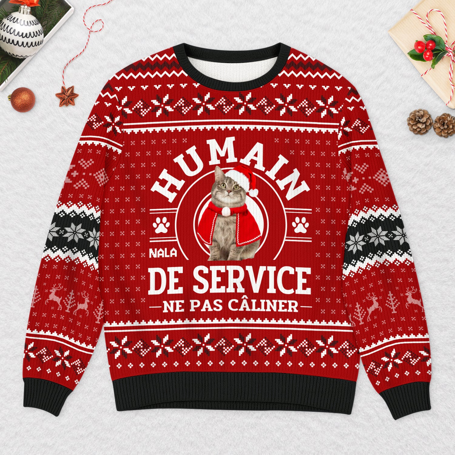 5943WFR2 pull de noel moche personnalise avec chat humain de service 5943wkknd