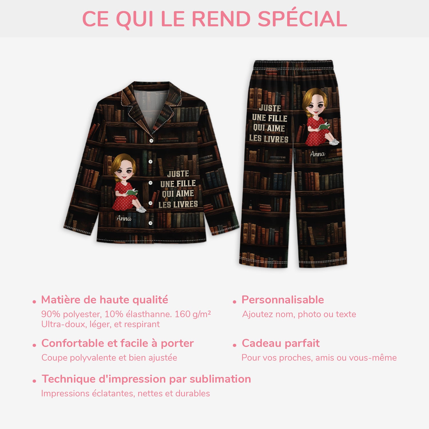 5949VFR5 pyjama personnalise juste une fille qui aime les livres 5949v8qta