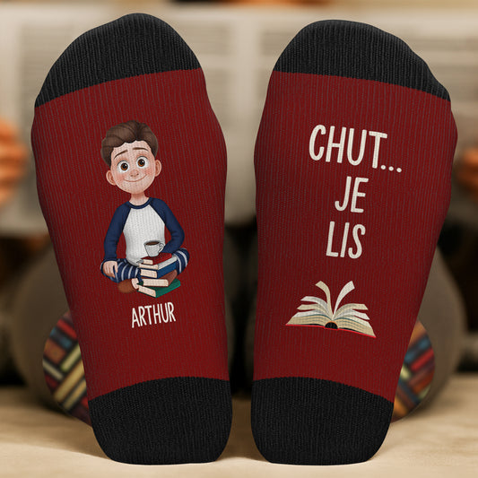 6030JFR2 chaussettes personnalisees chut une fille un garcon lit ses livres 6030j6q5a