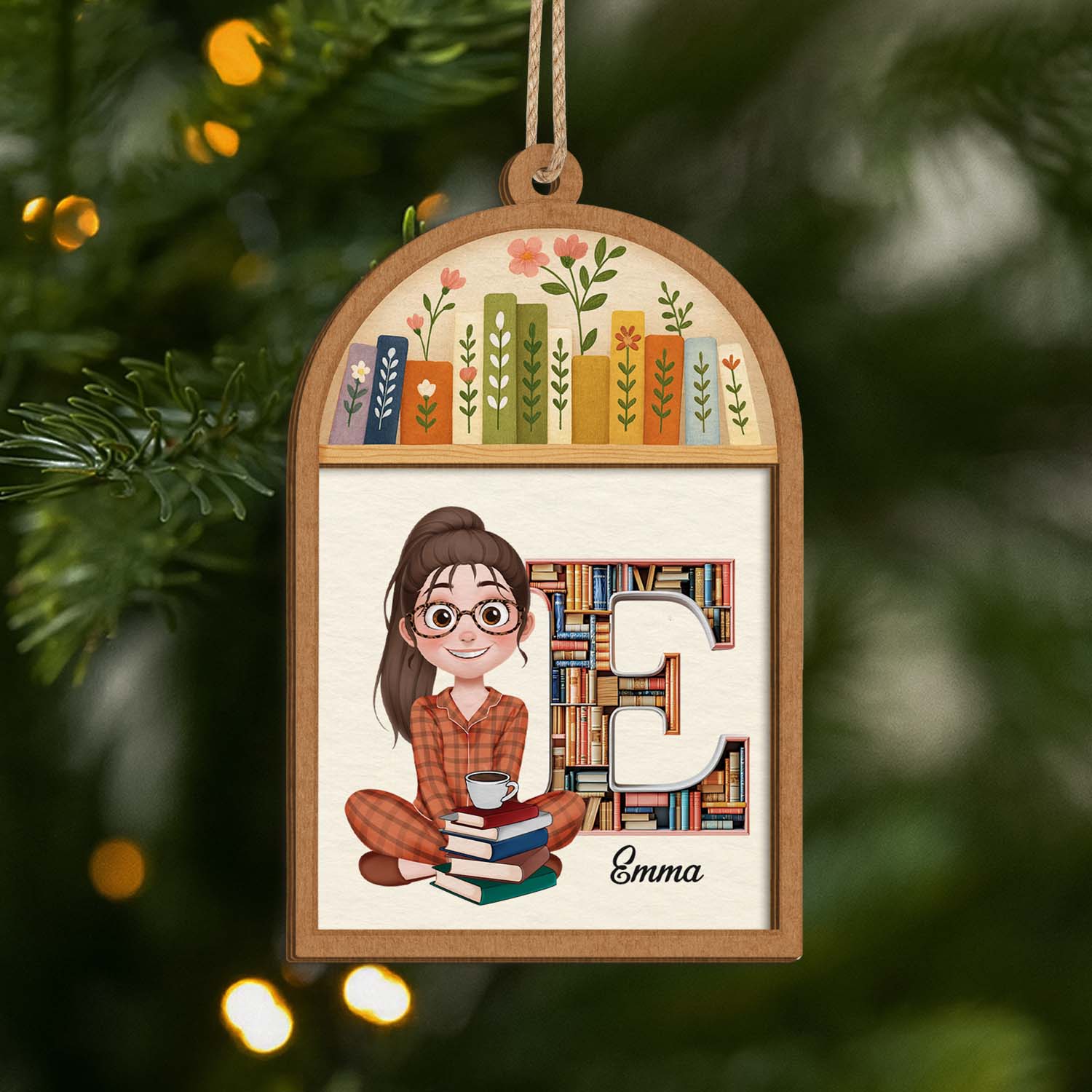 6042OFR1 ornement en bois a 2 couches personnalise pour femme et homme mes livres avec initiale du prenom 6042o6q5a