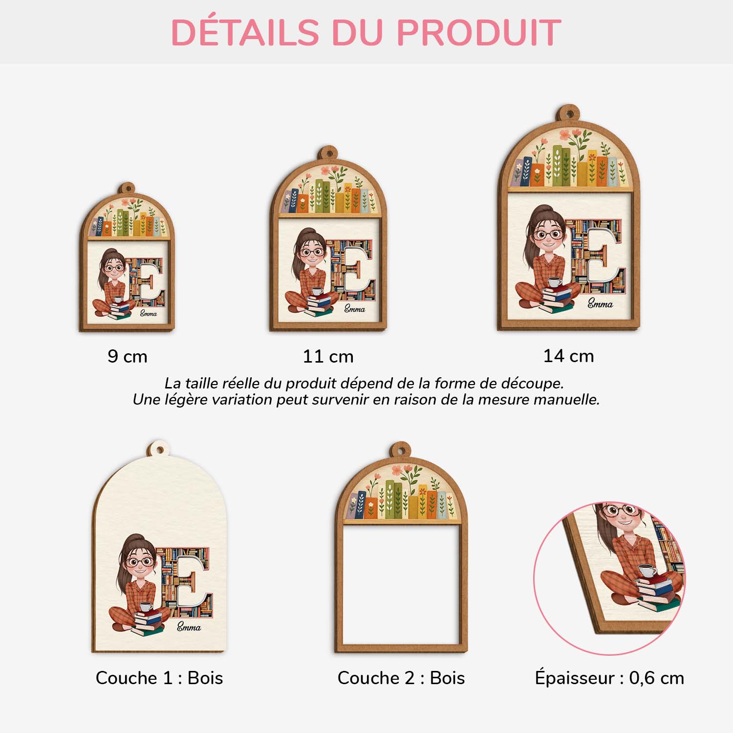 6042OFR3 ornement en bois a 2 couches personnalise pour femme et homme mes livres avec initiale du prenom 6042o6q5a