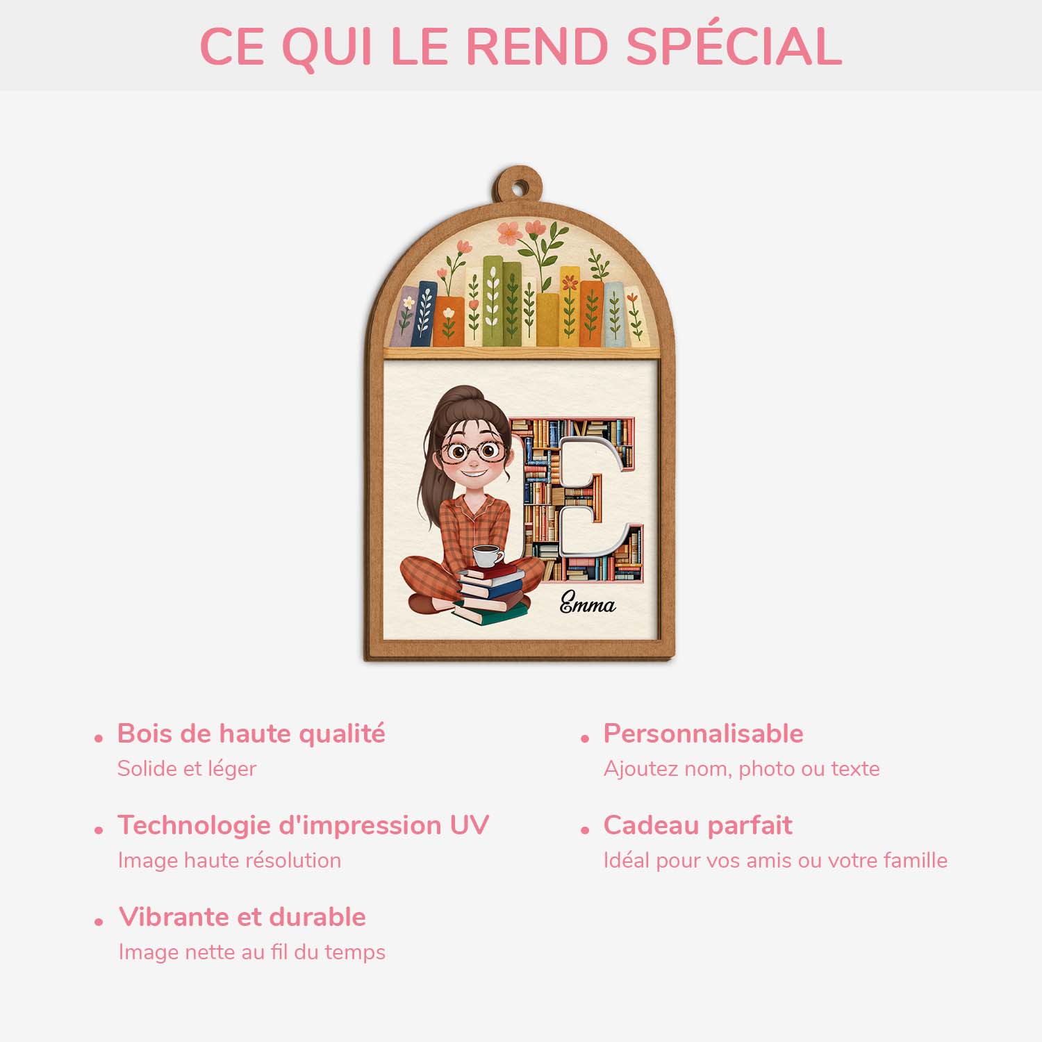 6042OFR4 ornement en bois a 2 couches personnalise pour femme et homme mes livres avec initiale du prenom 6042o6q5a