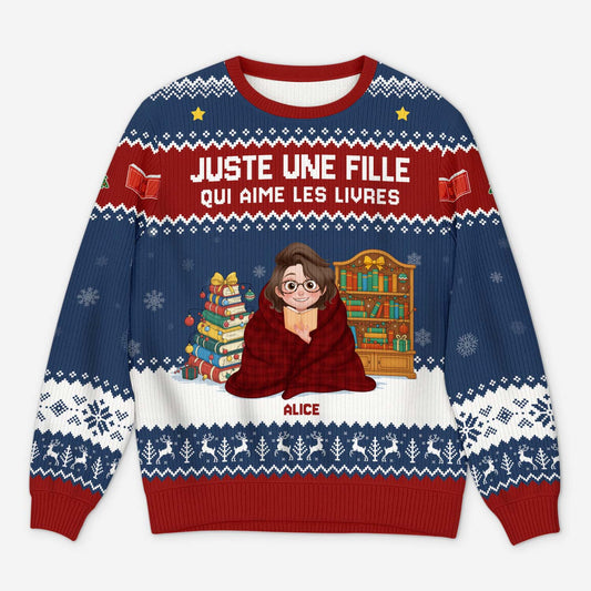 6044WFR1 pull de noel moche personnalise juste une fille qui aime les livres 6044w6qna