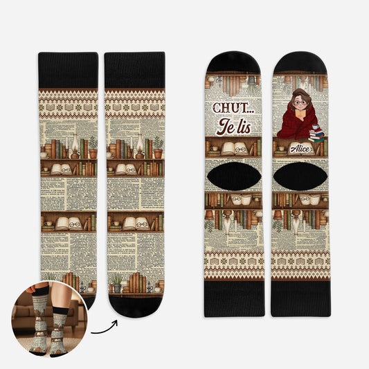 6050JFR1 chaussettes personnalisees pour homme et femme qui aiment les livres chut je lis style vintage 6050jkqta