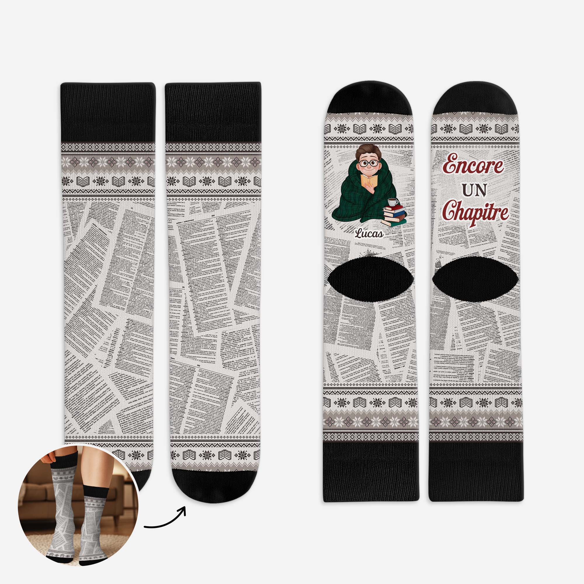 6052JFR1 chaussettes personnalisees  cadeau pour homme et femme qui aiment les livres juste un chapitre de plus 6052jktmb