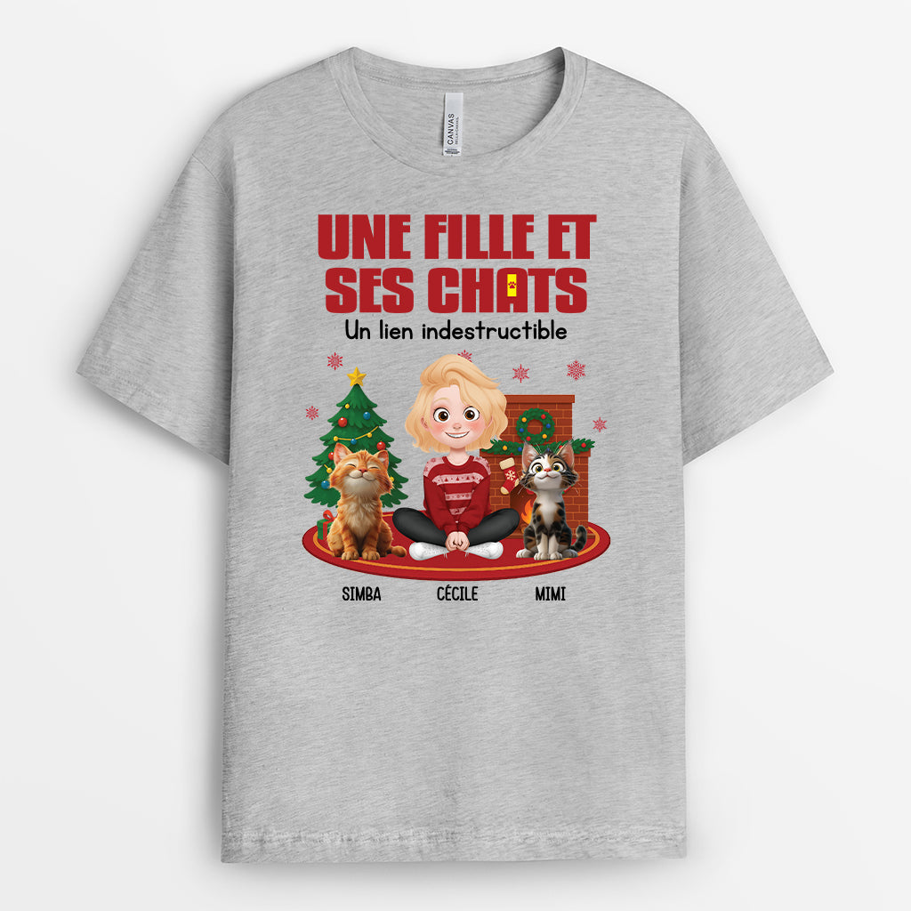 6084AFR2 t shirt personnalise noel une fill et son chat 6084atmcd
