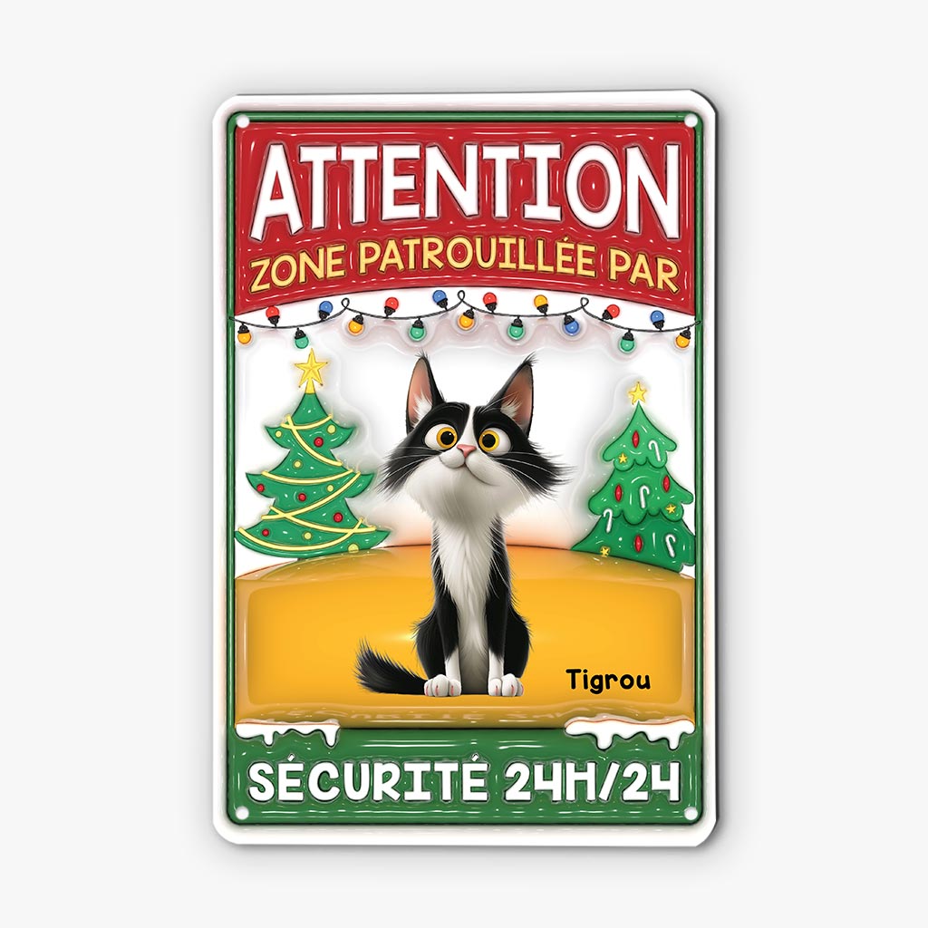 6121EFR2 effet dimpression 3d plaque en metal personnalisee de noel zone patrouillee par chat 6121etyad