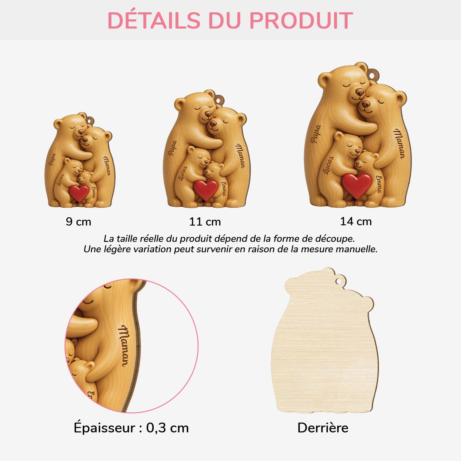 6147OFR3 effet dimpression 3d ornement noel en bois a 1 couche personnalise famille ours 6147o65ti