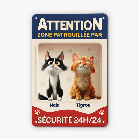 6158EFR1 plaque en metal personnalisee zone patrouillee par chats 6158e
