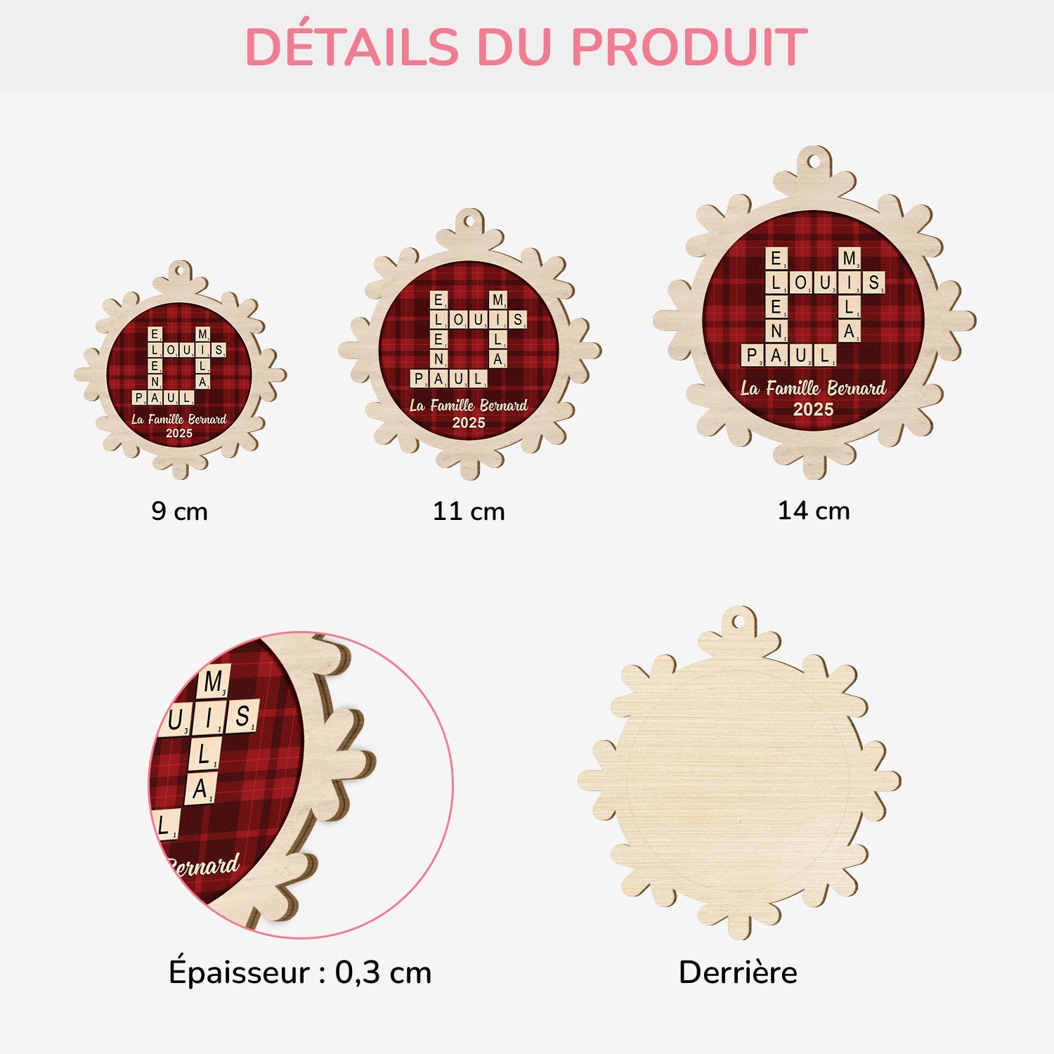 6159OFR3 ornement en bois a 1 couches personnalise famille flocon de neige avec mots croises 6159okvni