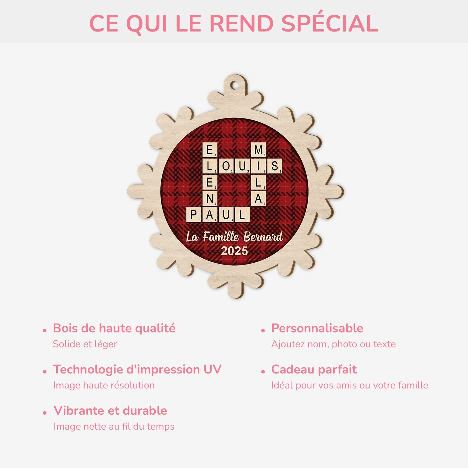 6159OFR4 ornement en bois a 1 couches personnalise famille flocon de neige avec mots croises 6159okvni