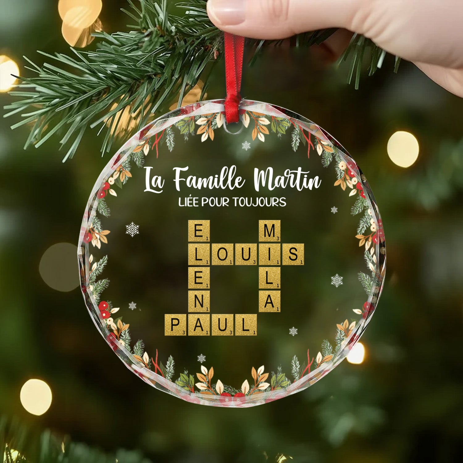 6173OFR2 ornement noel en verre personnalise famille lies pour toujours avec mots croises 6173okvci