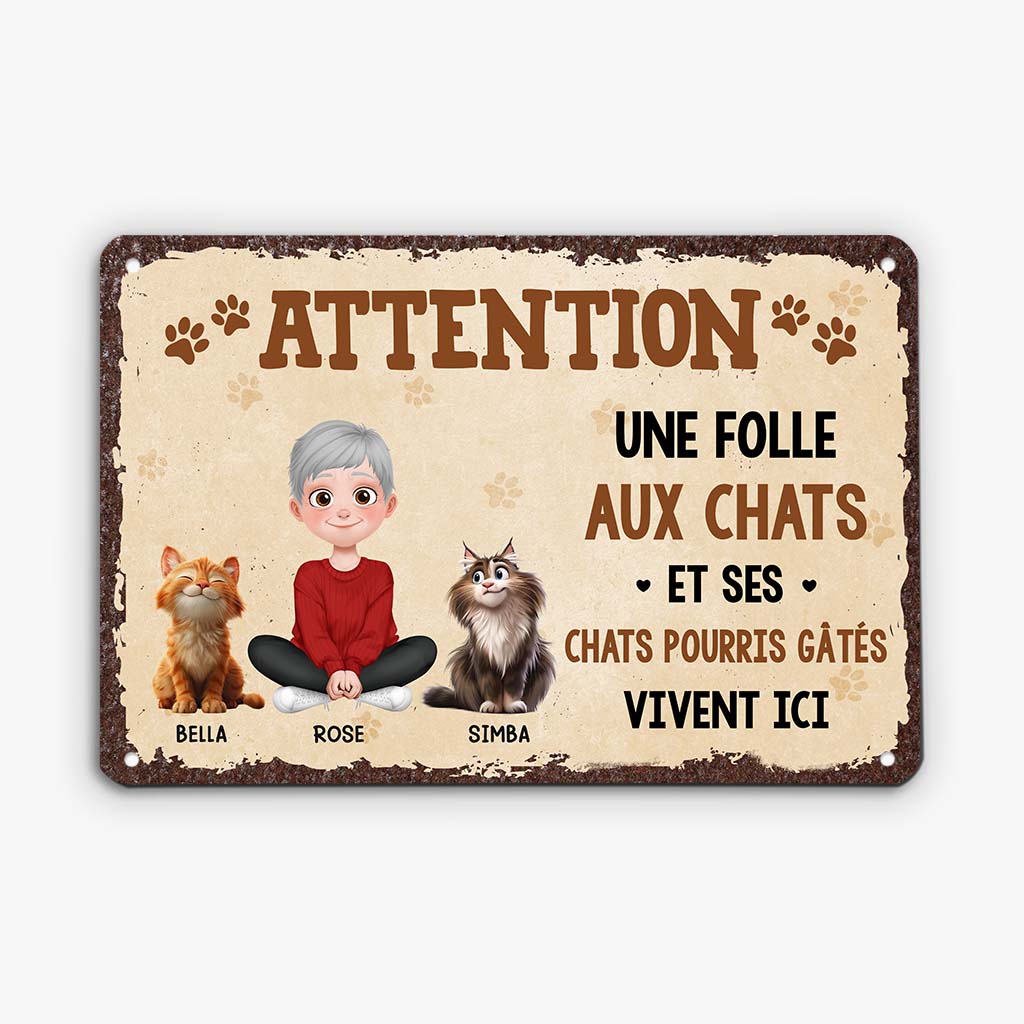 6182EFR1 plaque en metal personnalisee une folle aux chats et ses chats pourris gates 6182e3had