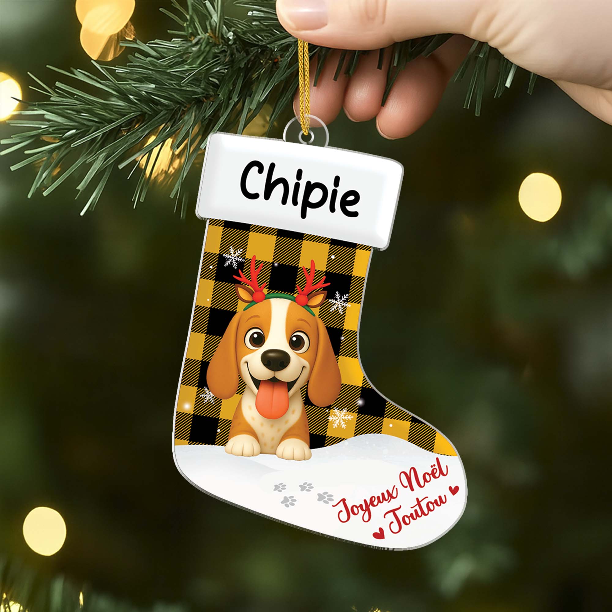 6193OFR1 ornement noel chaussette acrylique personnalise avec chien joyeux noel minou 6193ok6ac2