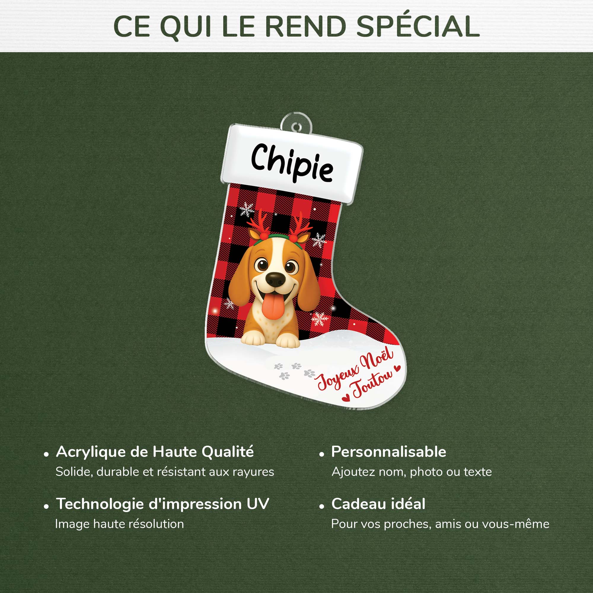 6193OFR1 ornement noel chaussette acrylique personnalise avec chien joyeux noel minou 6193ok6ac4