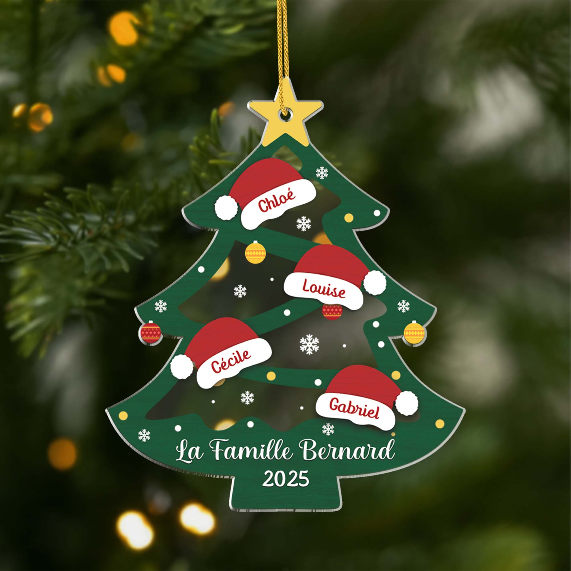 6250OFR1 ornement acrylique personnalise famille sapin avec bonnet noel 6250oklti
