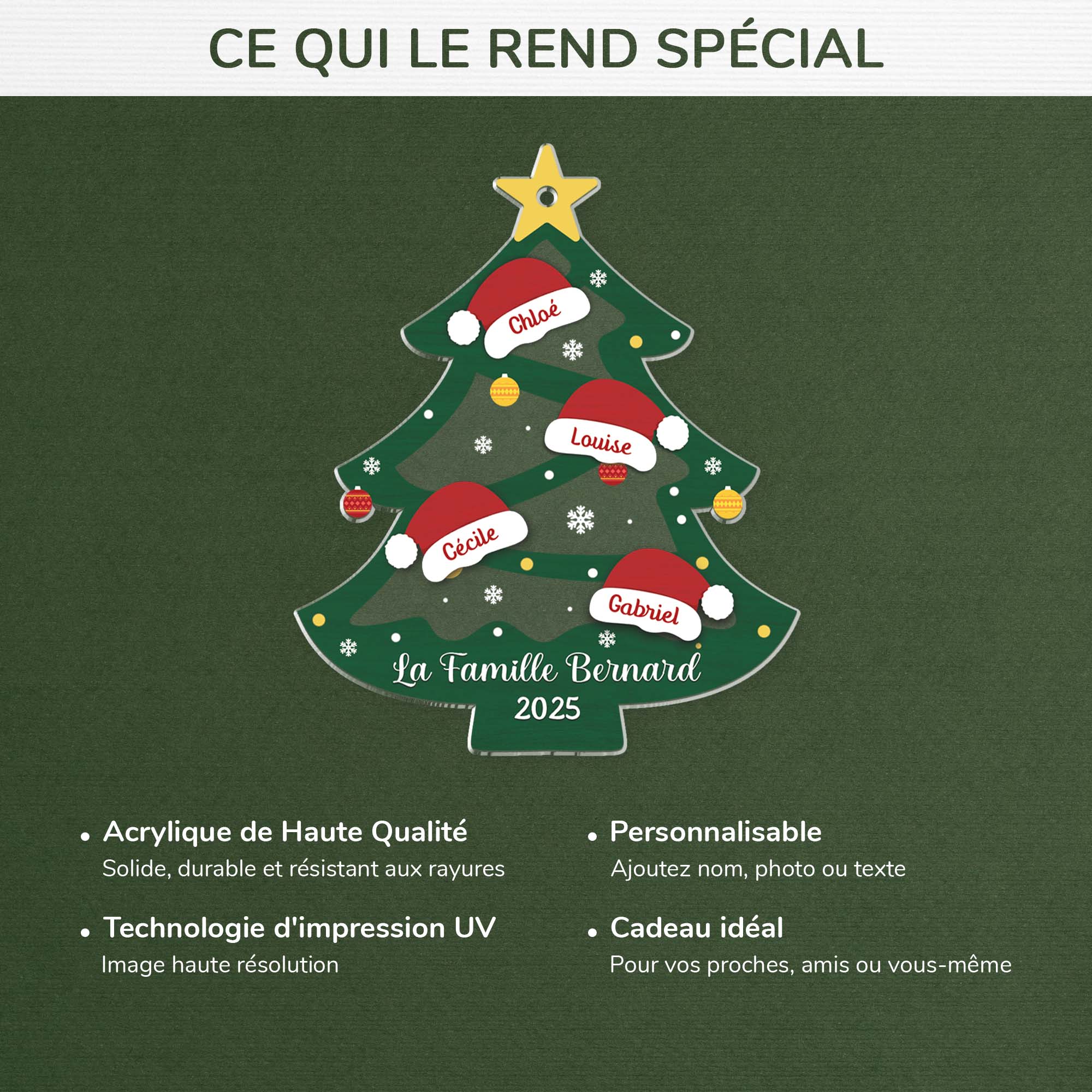 6250OFR4 ornement acrylique personnalise famille sapin avec bonnet noel 6250oklti