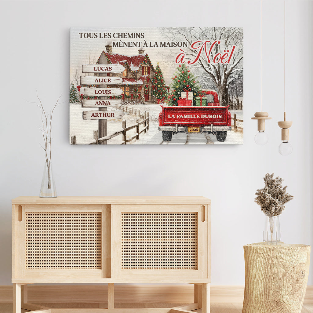 6340CFR3 toile personnalisee famille avec prenom tous les chemins menent a la maison a noel 6340cttni