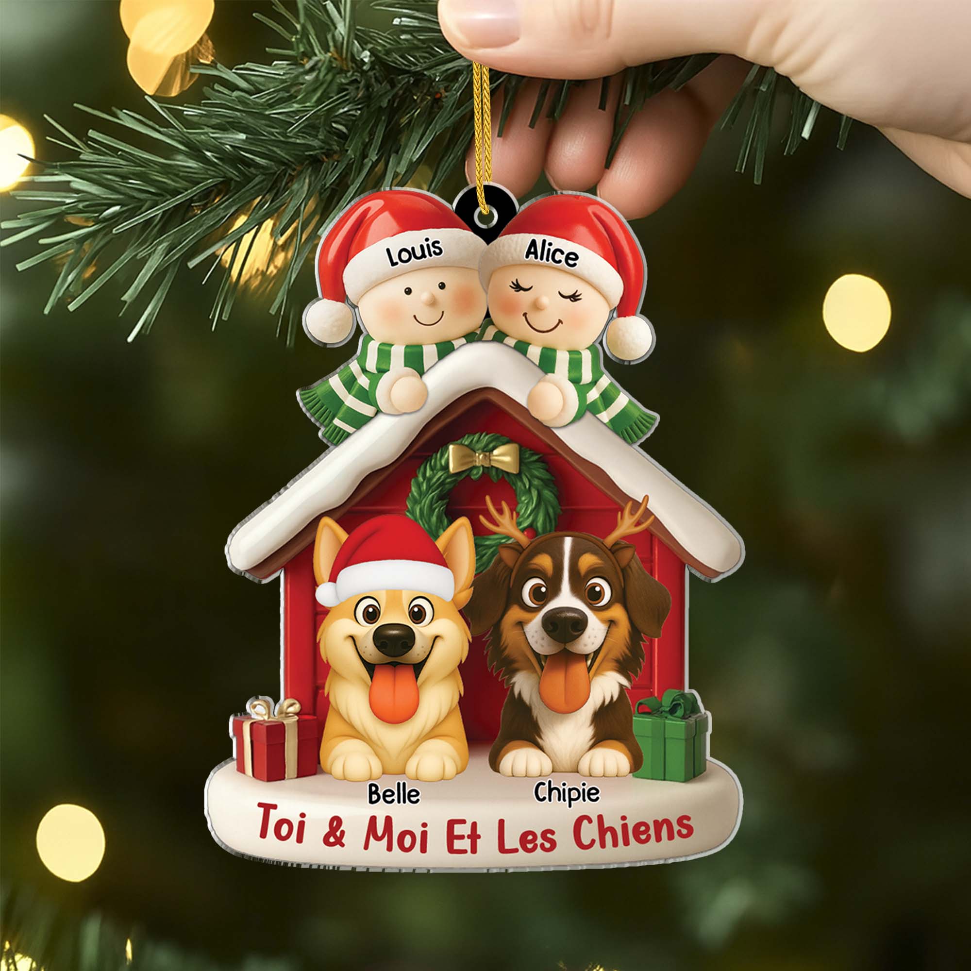 6346OFR2 ornement acrylique personnalise couple homosexuel avec chien maisons de noel 6346otv5c