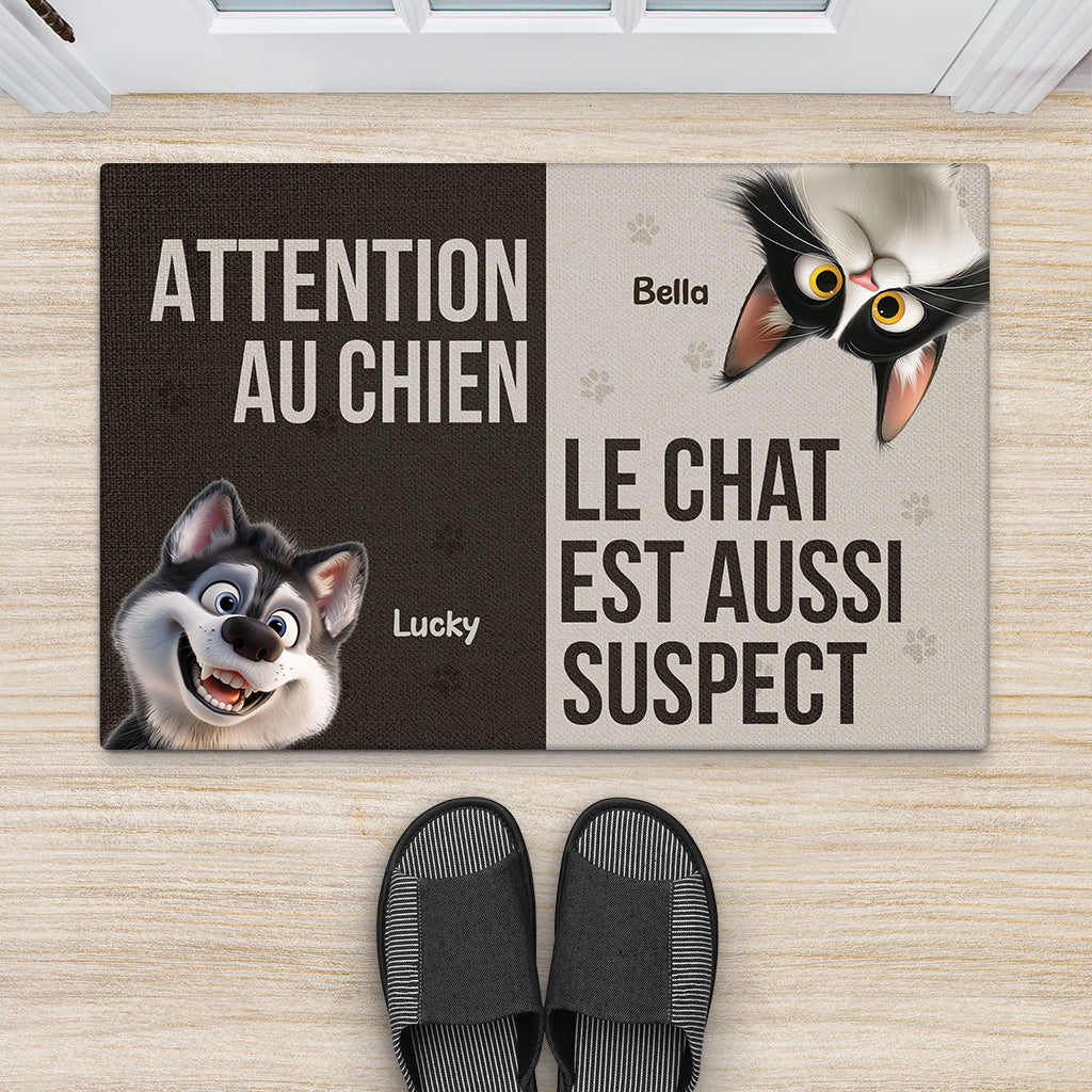 6354DFR2 paillasson personnalise chat avec chien attention au chat 6354d
