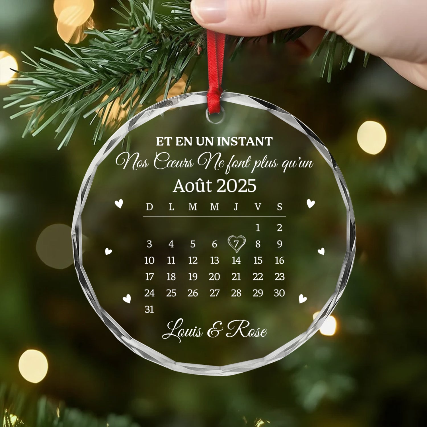 6387OFR2 ornement noel en verre personnalise couple avec calendrier nos coeurs ne font plus qu_un 6387O8VNG