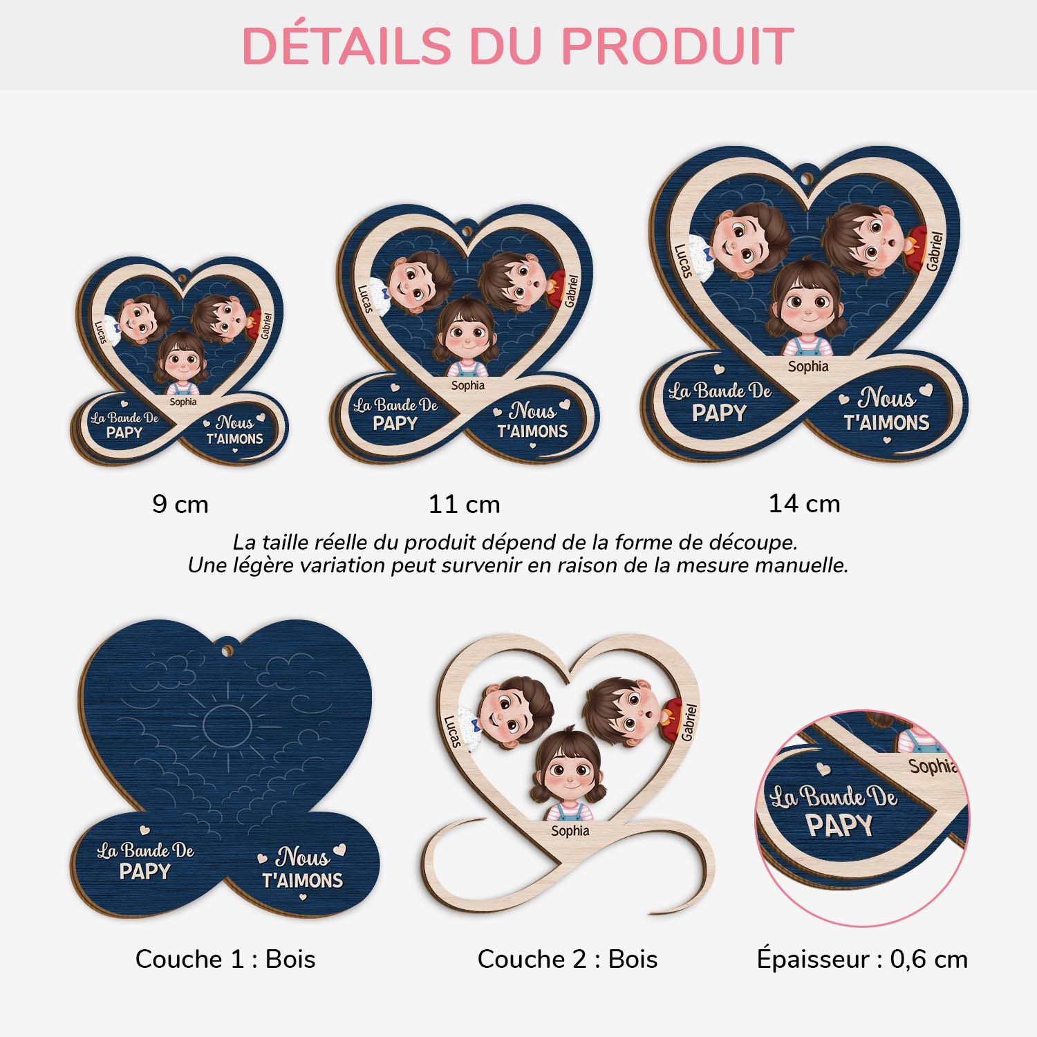 6423OFR3 ornement en bois a 2 couches personnalise la bande de mamie papy avec coeur 6423o6kmb